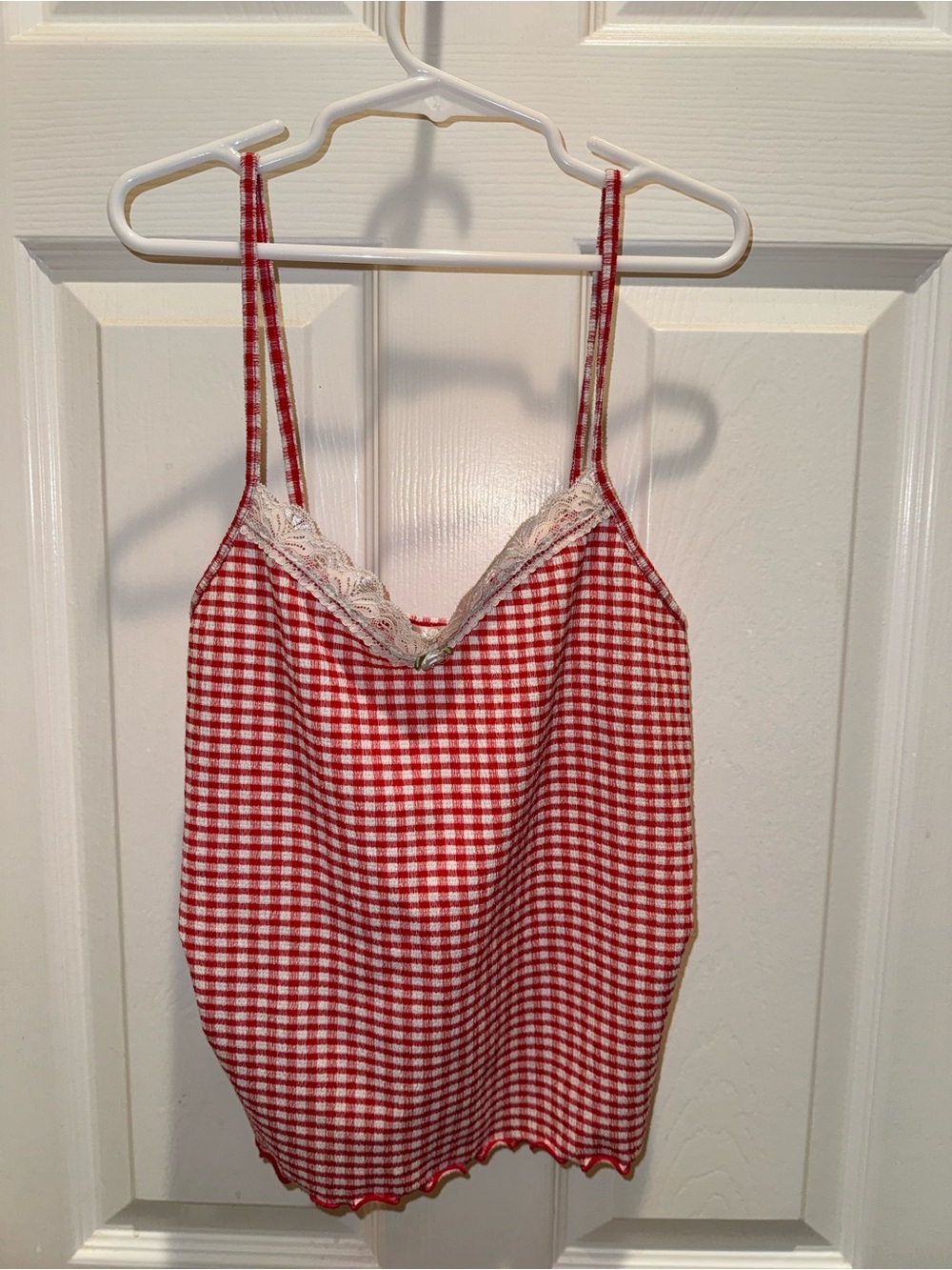Red Gingham Lace-Trim Camisole Top
